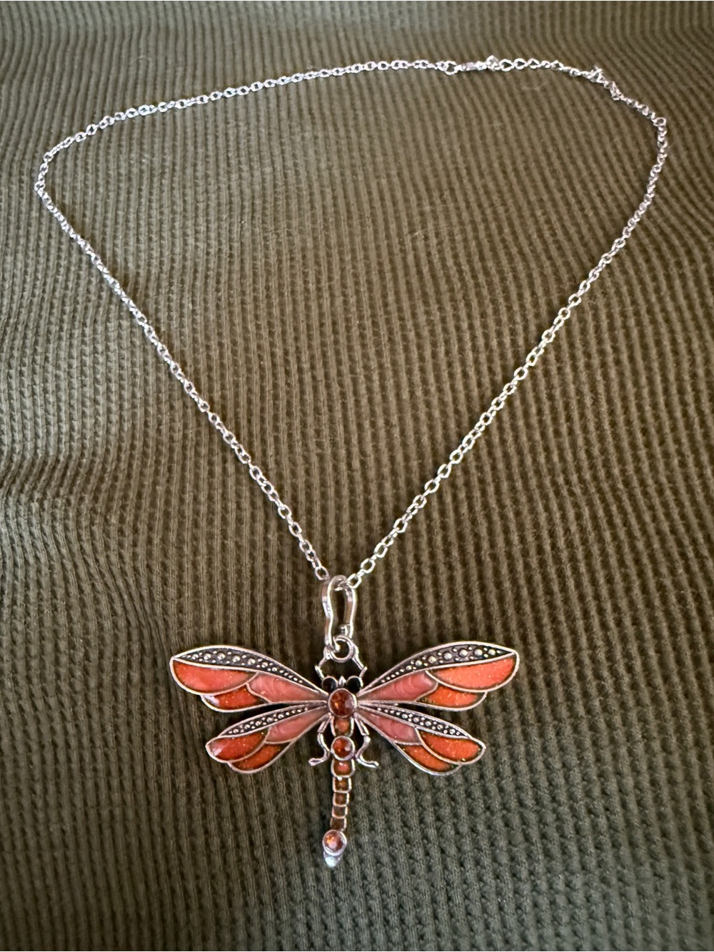 Silver Dragonfly Pendant Necklace with Orange Enamel Wings